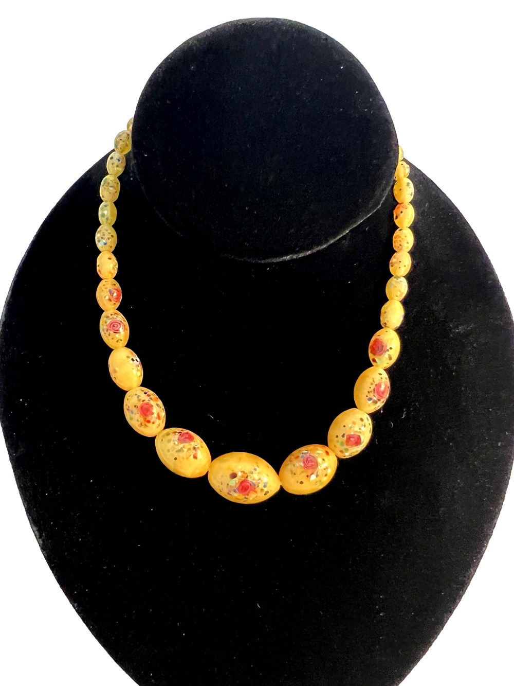 CZECH Hand Painted Flowers Yellow Satin Glass Beaded Necklace Antique Vintage